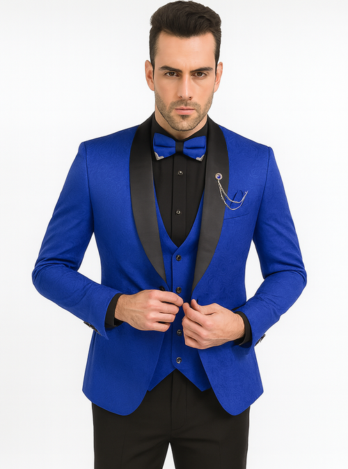 Dark Blue Wedding Suit MEN'S SLIM FIT VESTED PAISLEY WEDDING TUXEDO IN ROYAL BLUE