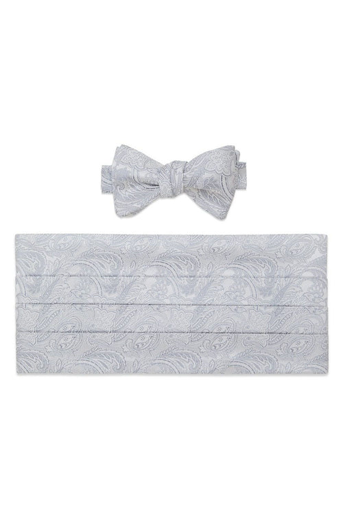 Silver and White Paisley Bow Tie & Cummerbund Set by David Donahue