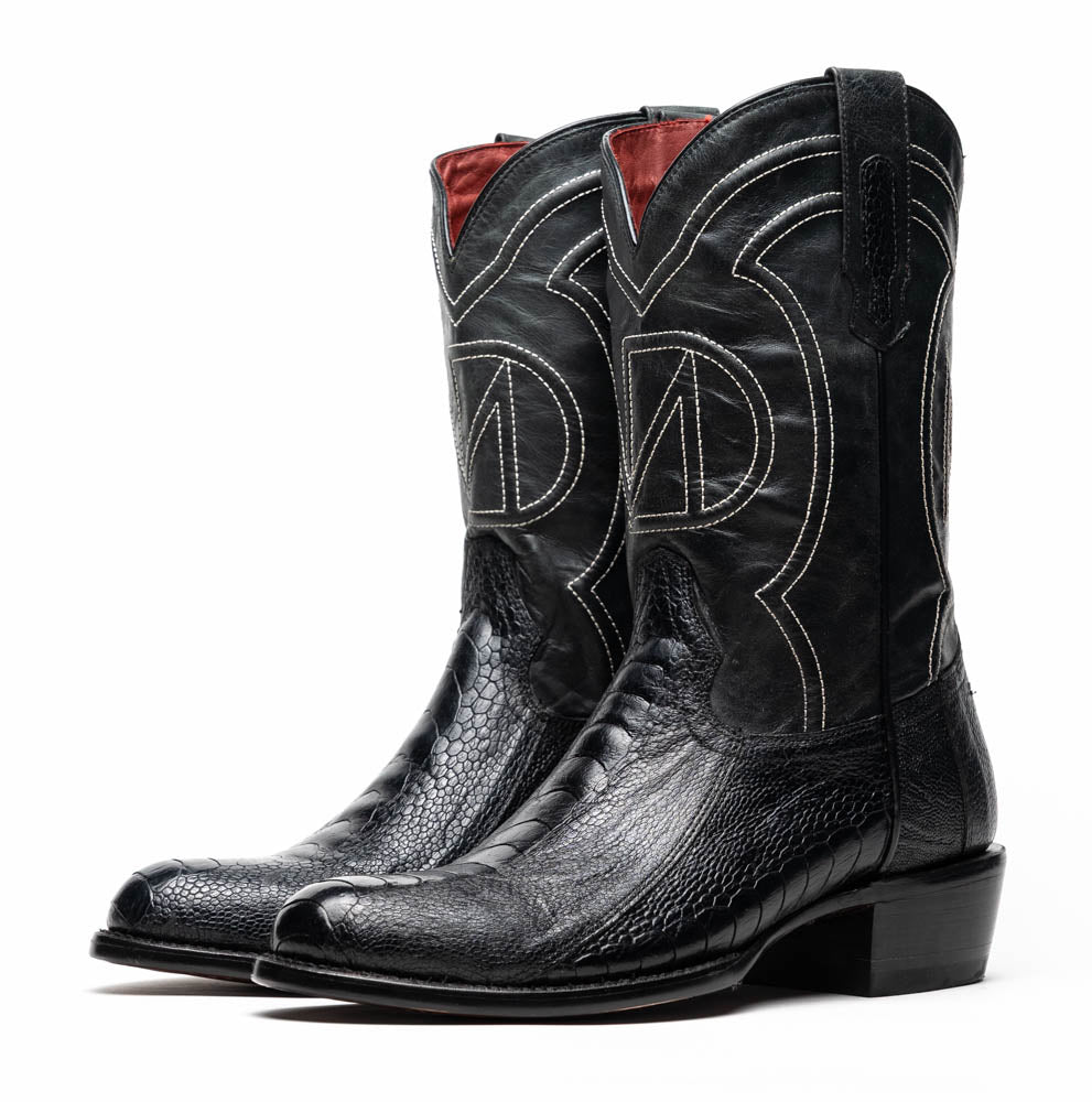 Marco Di Milano Denver Black Ostrich Leg Round Toe Cowboy Boots