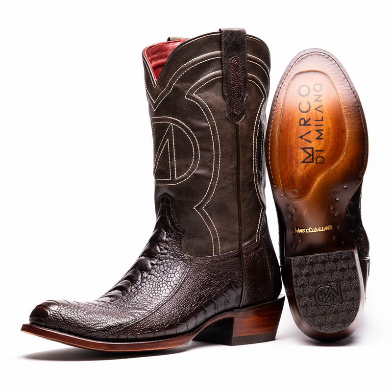 Marco Di Milano Denver Brown Ostrich Leg Round Toe Cowboy Boots