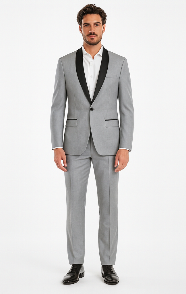 Designer Gray Prom Tuxedo - Grey Wedding Tuxedo Suit With Shawl Lapel