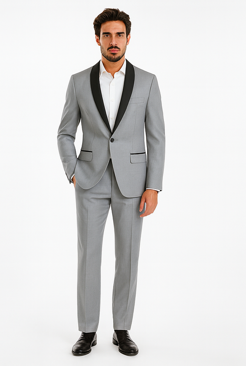 Designer Gray Prom Tuxedo - Grey Wedding Tuxedo Suit With Shawl Lapel