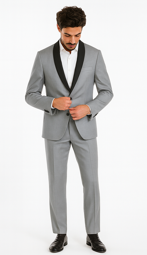 Designer Gray Prom Tuxedo - Grey Wedding Tuxedo Suit With Shawl Lapel