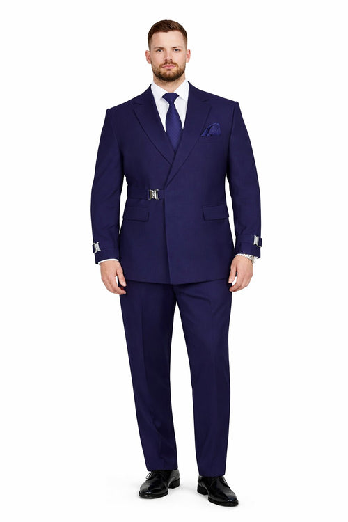 Men’s Navy Blue Double Breasted Wool Suit with Signature Buckle Closure Designer Tailored Fit