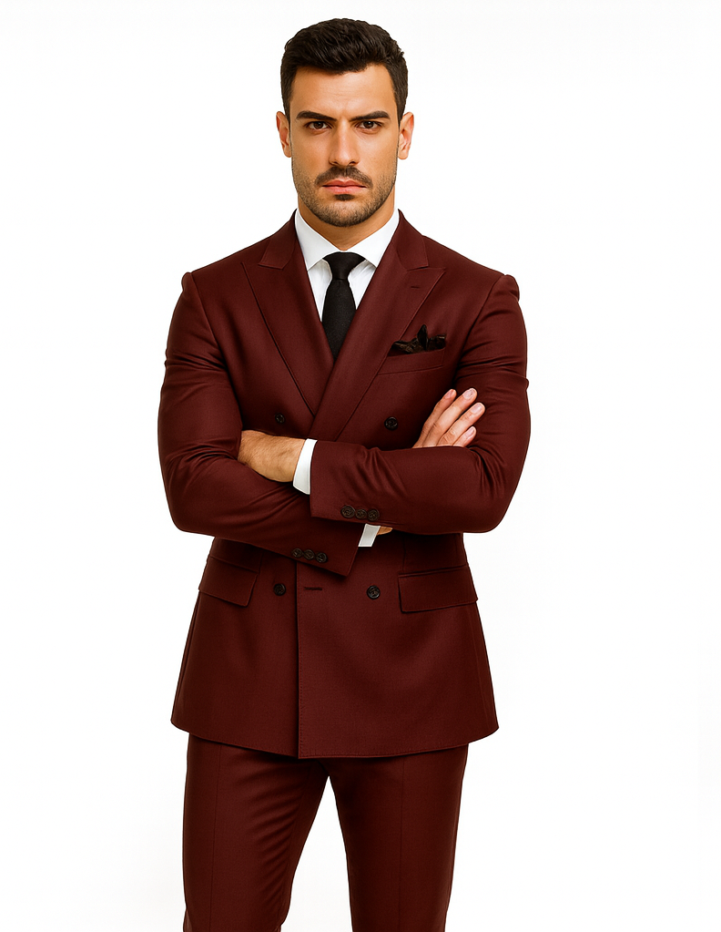 Double Breasted Slim Fit Suit - Burgundy Suit - Tapred Fit Pants