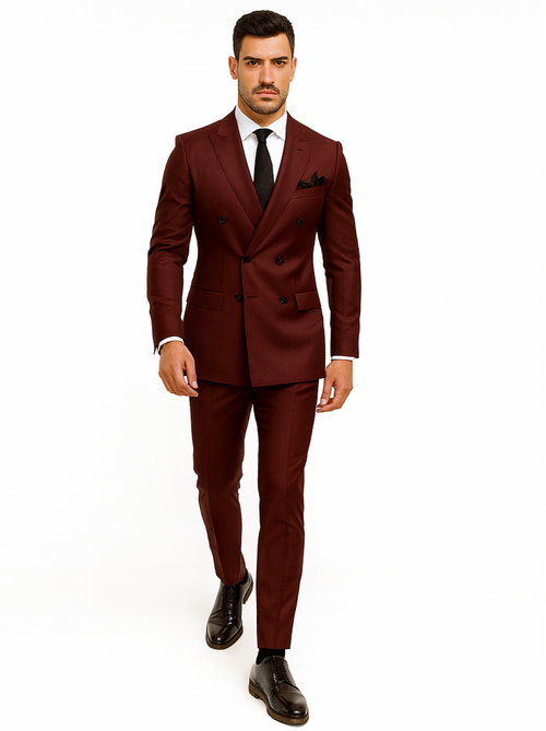 Double Breasted Slim Fit Suit - Burgundy Suit - Tapred Fit Pants
