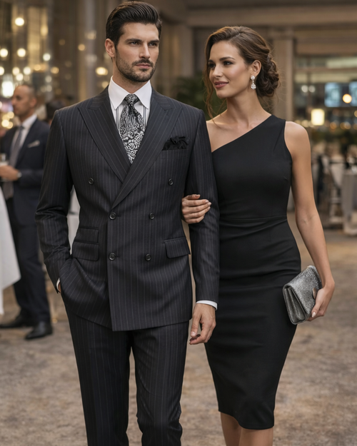 Double Breasted Suits - Vested Suits Wool Fabric - Apolo King Brand - Gray Stripe Suit USA Men's Outlet