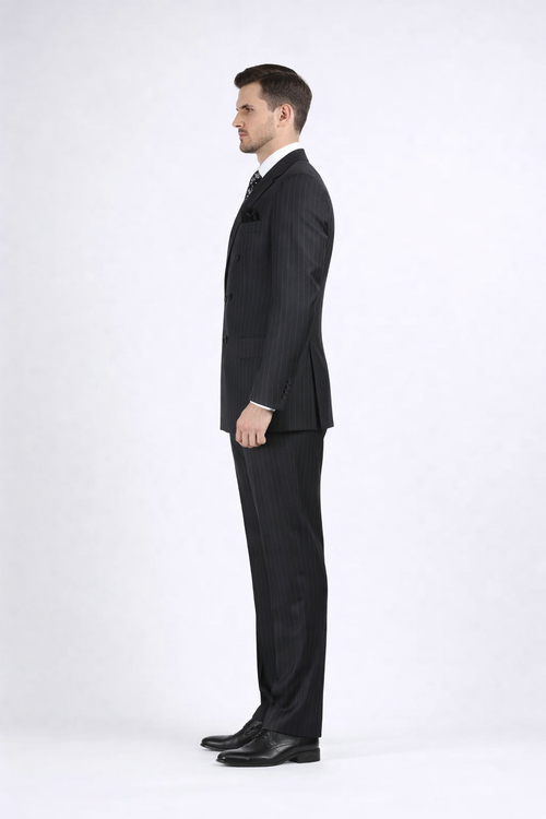 Double Breasted Suits - Vested Suits Wool Fabric - Apolo King Brand - Gray Stripe Suit USA Men's Outlet