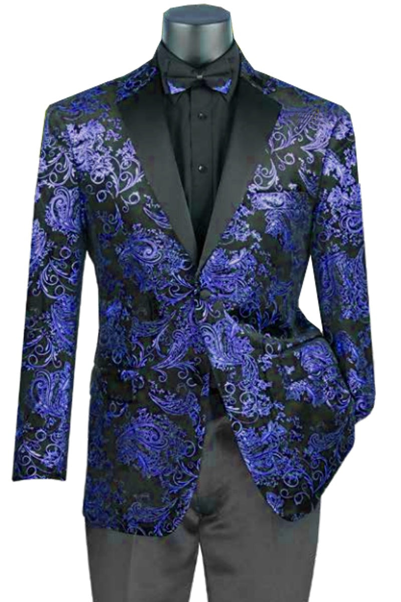 Royal Blue Prom Suit MENS PAISLEY VELVET FOIL SMOKING JACKET TUXEDO IN ROYAL BLUE