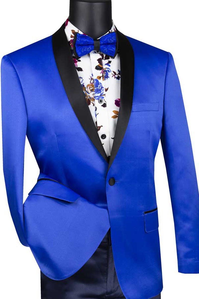 Royal Blue Prom Suit MENS SLIM FIT ONE BUTTON SHINY SATIN TUXEDO JACKET IN ROYAL BLUE