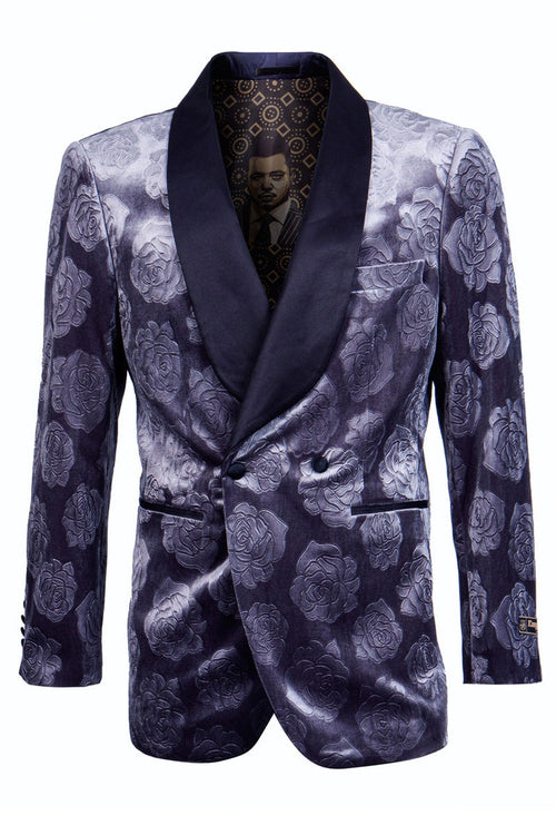 Royal Blue Prom Suit MEN'S DOUBLE BREASTED FLORAL ROSE PRINT VELVET SMOKING JACKET IN BLUE