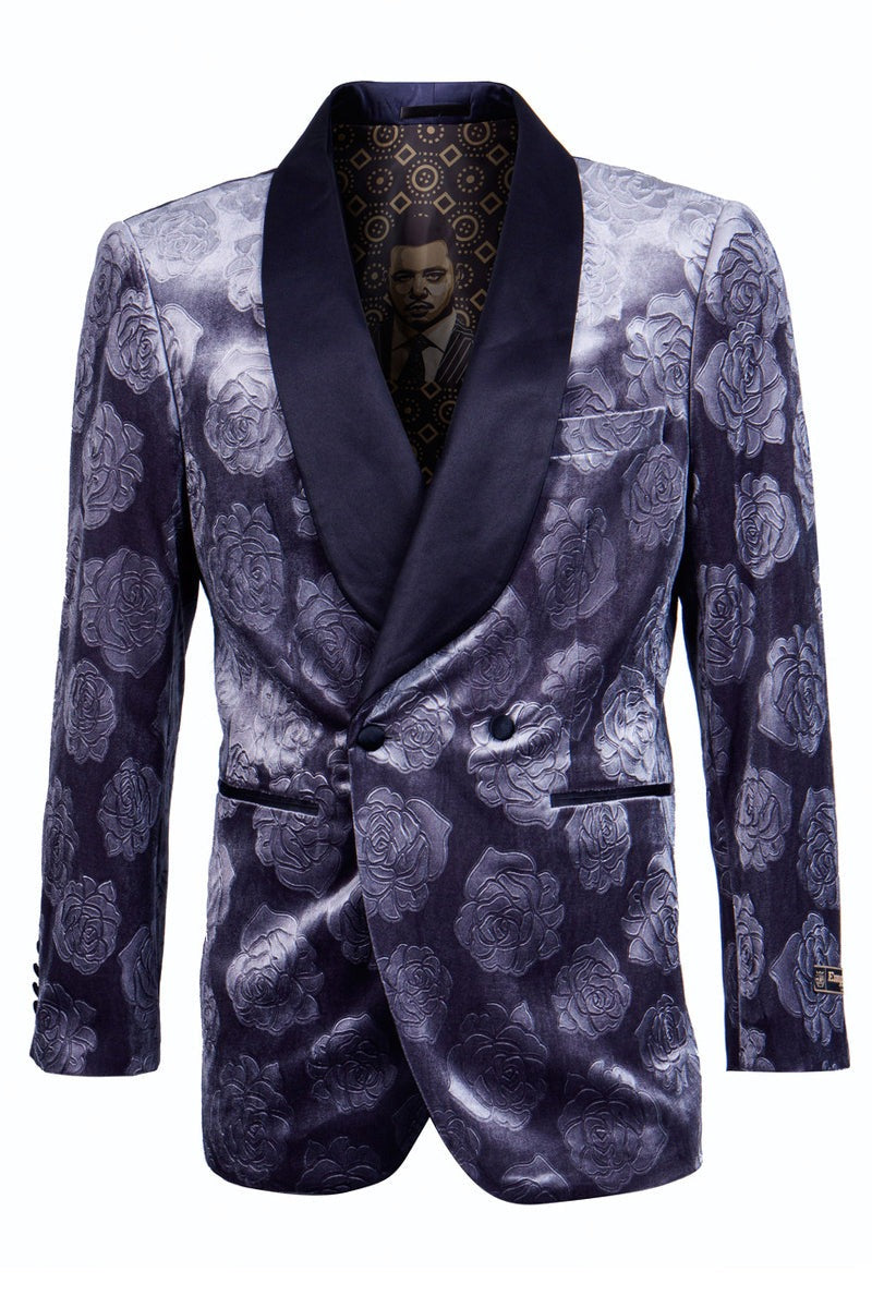 Royal Blue Prom Suit MEN'S DOUBLE BREASTED FLORAL ROSE PRINT VELVET SMOKING JACKET IN BLUE