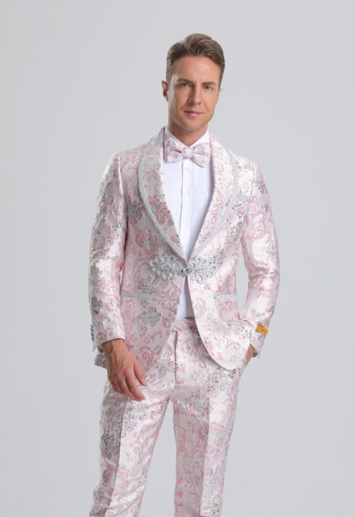 Silver Prom Suit Men's Fancy Pink Floral Paisley Prom Tuxedo with Silver Trim