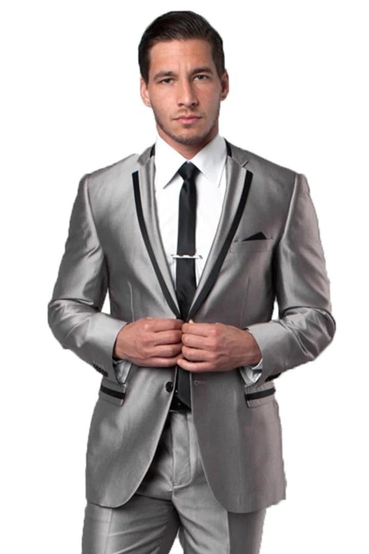 Silver Prom Suit Mens Gray Tuxedo - Grey Wedding Suit-Men'S Two Button Slim Fit Wedding & Prom Tuxedo Suit In Shiny Silver Sharkskin With Black Piping – SuitUSA