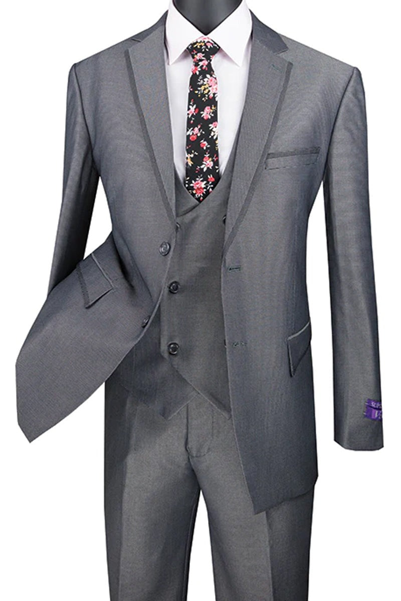 Wedding grey tuxedo MEN'S MODERN FIT TUXEDO SUIT WITH DOUBLE BREASTED VEST AND SATIN TRIM IN CHARCOAL GREY by PROMTUXEDO