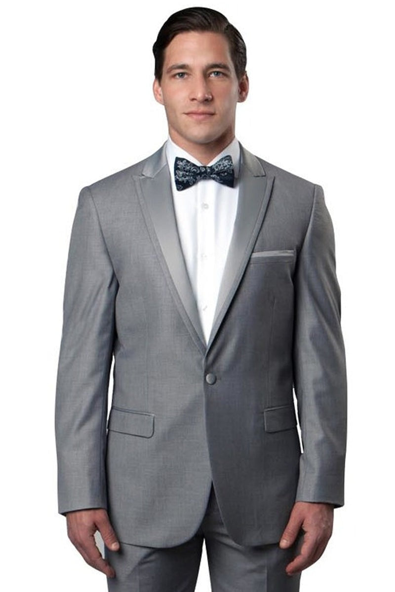 Wedding grey tuxedo MEN'S SLIM FIT ONE BUTTON SATIN TRIM PEAK LAPEL PROM & WEDDING TUXEDO IN GREY PROMTUXEDO