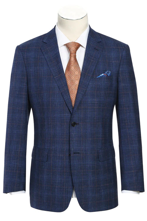 Saco Vaquero Western Sport Coat - Western Blazer Mens Classic Fit Two Button Wool & Linen Sport Coat Blazer in Blue Windowpane Plaid