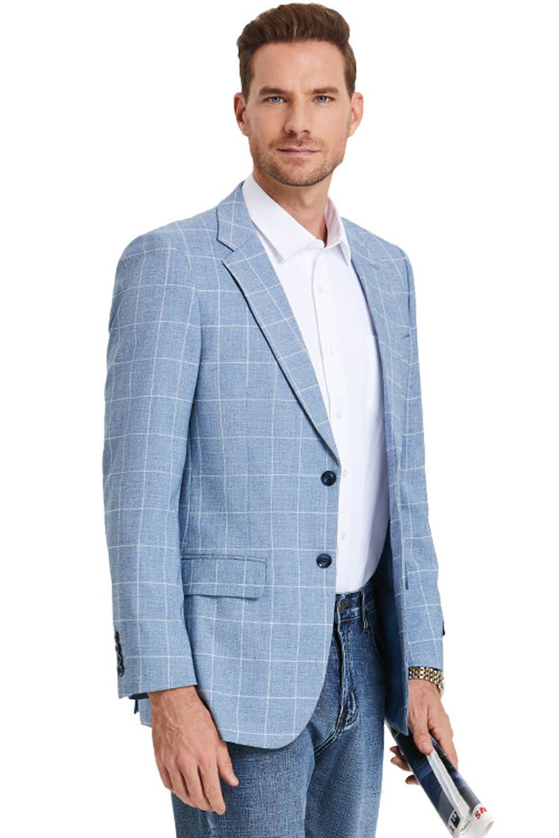 Western Sport Coat - Western Men's Slim Fit Business Casual Summer Windowpane Plaid Blazer in Light Blue