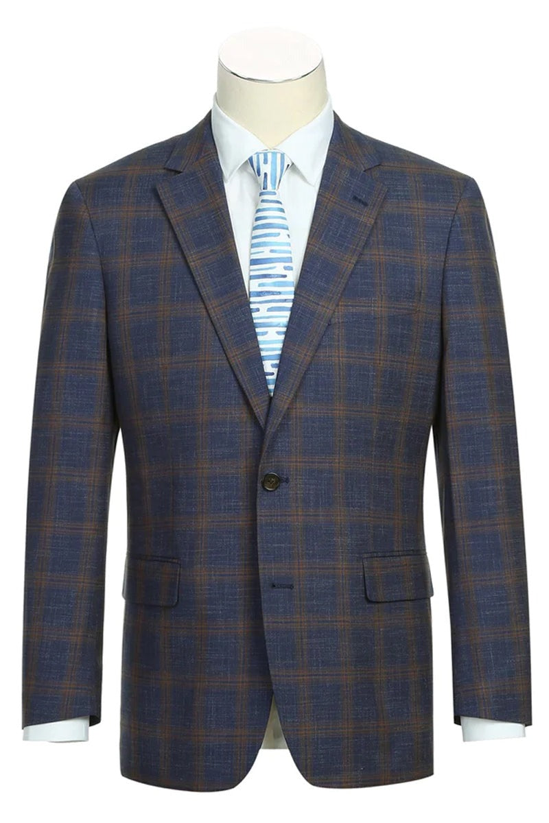 Western Sport Coat - Western Mens Slim Fit Two Button Sport Coat Blazer in Navy Blue & Gold Windowpane Plaid