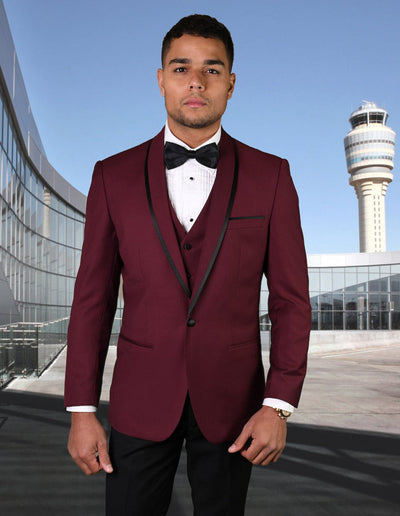 Maroon Prom Suit - Maroon Prom Tuxedo Suits - Maroon Wedding Tuxedo Mens Vested Wool Tuxedo in Shawl Lapel with Satin Trim in Burgundy & Black