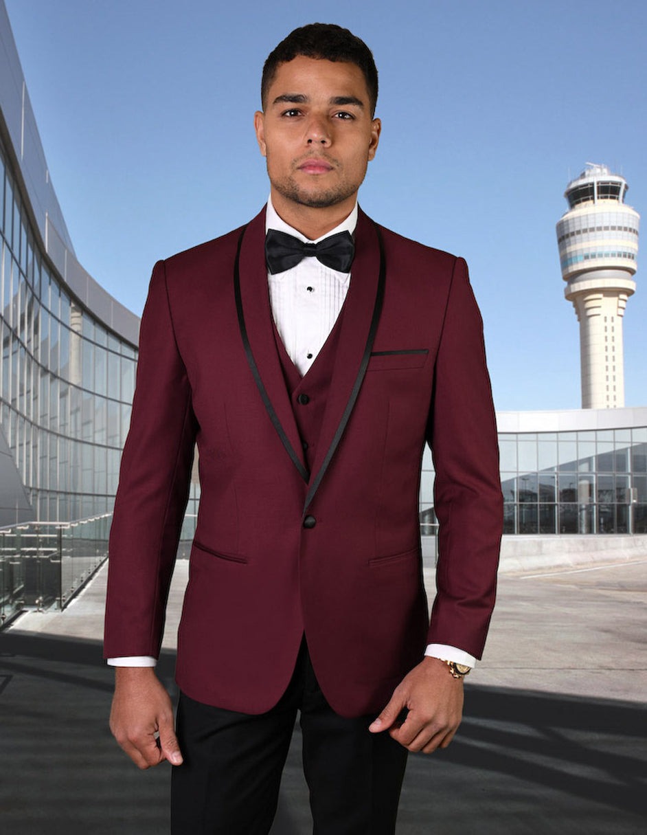 Maroon Prom Suit - Maroon Prom Tuxedo Suits - Maroon Wedding Tuxedo Mens Vested Wool Tuxedo in Shawl Lapel with Satin Trim in Burgundy & Black
