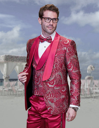 Prom Tuxedo - Wedding Suit - Groom Suit MEN'S RED PATTERNED VESTED TUXEDO WITH BOWTIE