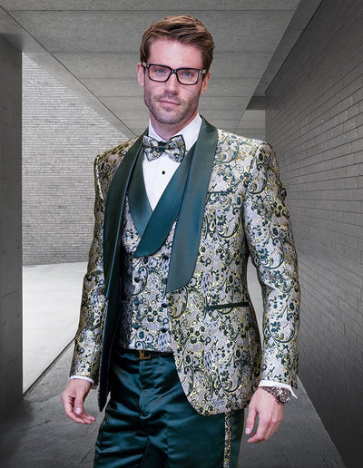 Prom Tuxedo - Wedding Suit - Groom Suit MEN'S HUNTER GREEN PATTERNED VESTED TUXEDO WITH BOWTIE