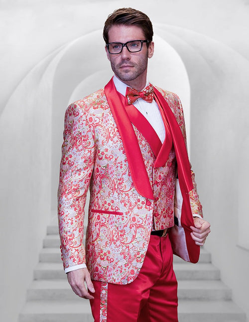 Prom Tuxedo - Wedding Suit - Groom Suit MEN'S OFF CORAL PATTERNED VESTED TUXEDO WITH BOWTIE