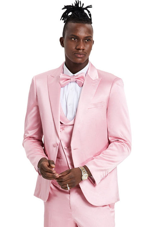 Men's One Button Vested Shiny Satin Sharkskin Prom & Wedding Party Suit in Dusty Rose