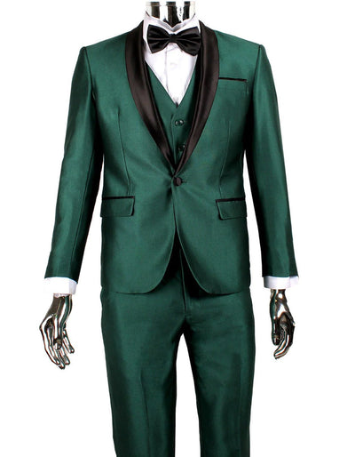 Mens 1 Button Shawl Lapel Vested Wedding - Prom Tuxedo in Emerald Green Sharkskin by PROMTUXEDO
