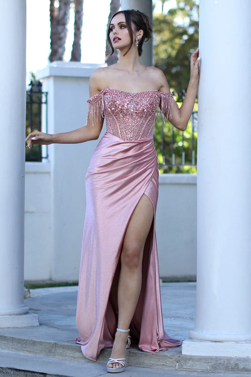 Off Shoulder Sequin Glitter Fitted Corset Prom Gown