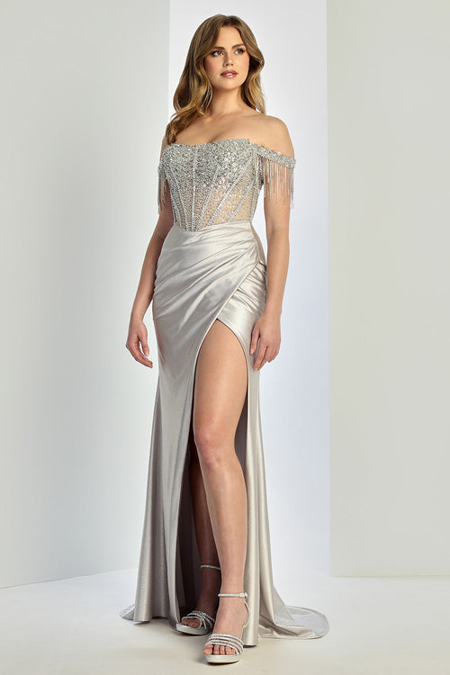 Off Shoulder Sequin Glitter Fitted Corset Prom Gown