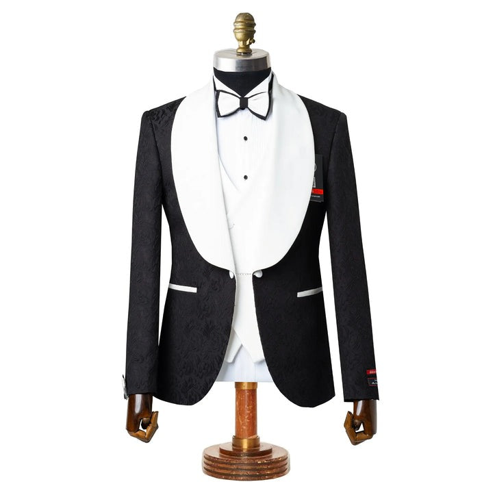 Black with White Velvet Lapel 3-Piece Tailored-Fit Tuxedo
