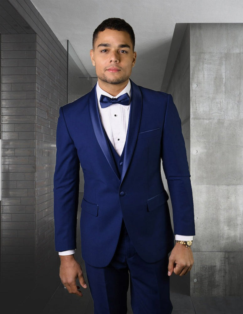 Prom Tuxedo - Wedding Suit - Groom Suit STATEMENT MEN'S SAPPHIRE SHAWL VESTED TUXEDO
