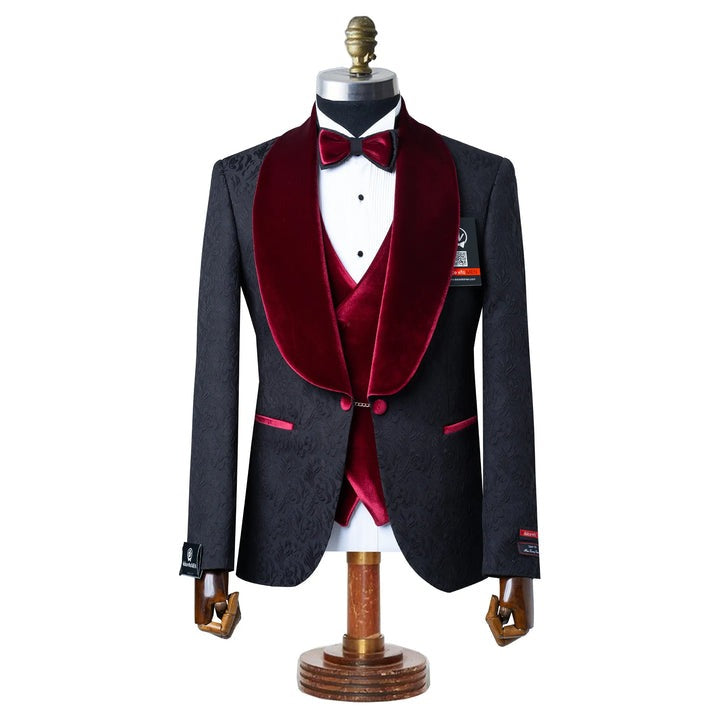 Black with Burgundy Velvet Lapel 3-Piece Tailored-Fit Tuxedo
