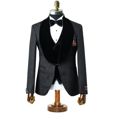 Black with Black Velvet Lapel 3-Piece Tailored-Fit Tuxedo
