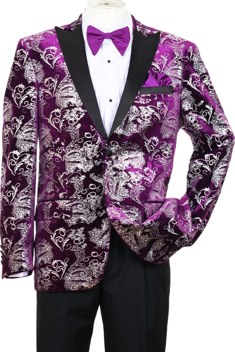 Purple Wedding Tuxedo MEN'S MODERN FIT VELVET FLORAL PAISLEY FOIL TUXEDO JACKET IN PURPLE & SILVER
