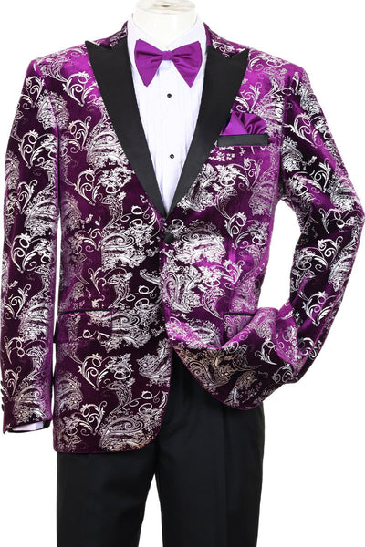 Purple Wedding Tuxedo MEN'S MODERN FIT VELVET FLORAL PAISLEY FOIL TUXEDO JACKET IN PURPLE & SILVER by PROMTUXEDO