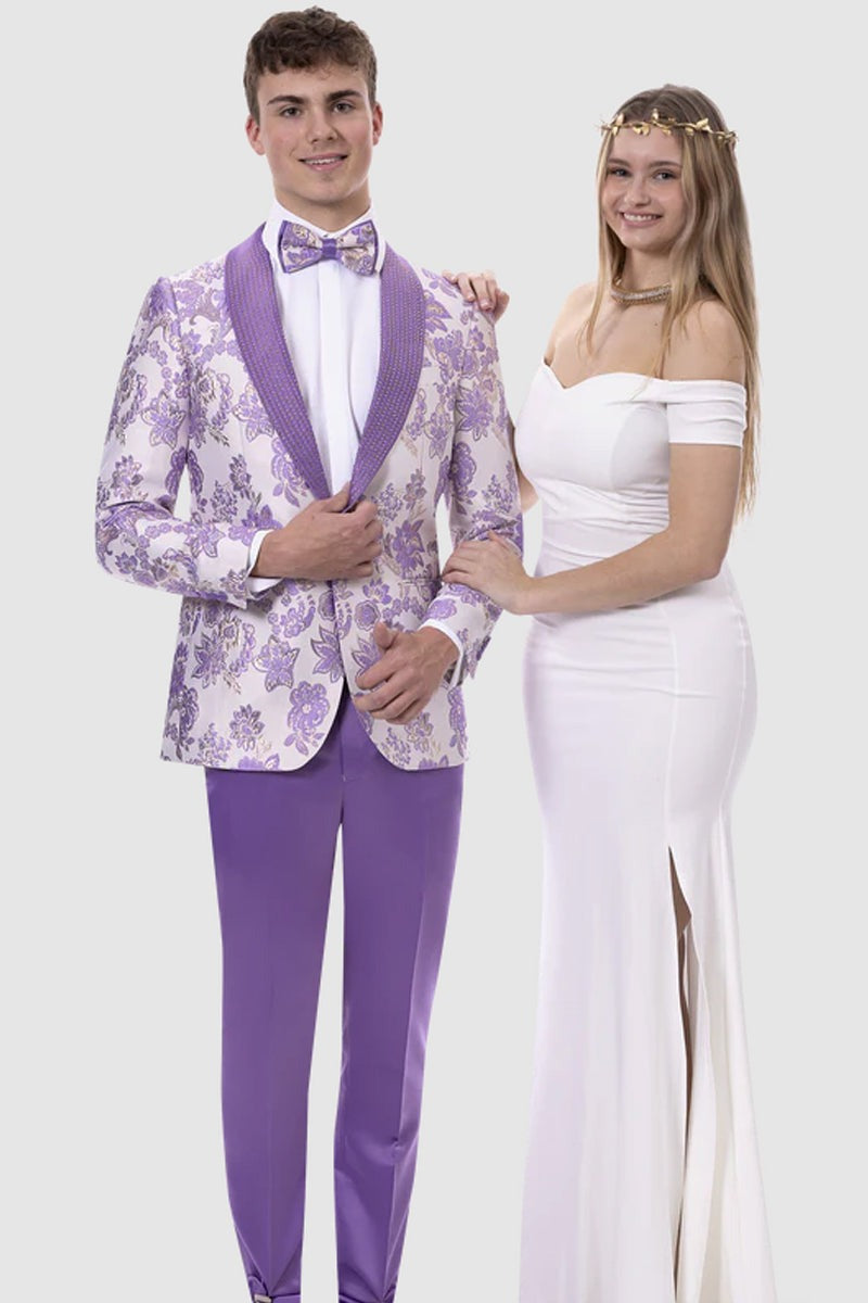 Purple Wedding Tuxedo MENS SLIM FIT STUDDED LAPEL PAISLEY PROM TUXEDO IN LAVENDER by PROMTUXEDO