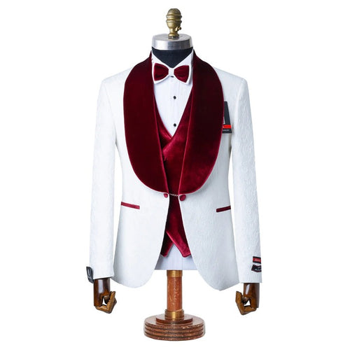 White with Burgundy Velvet Lapel 3-Piece Tailored-Fit Tuxedo