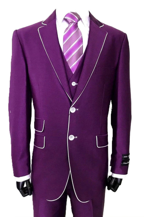 Purple Wedding Tuxedo MENS VESTED SLIM FIT SHINY SHARKSKIN TUXEDO SUIT IN PURPLE WITH WHITE PIPING by PROMTUXEDO