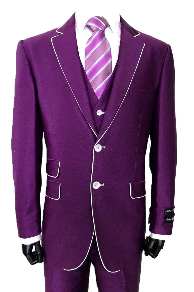 Purple Wedding Tuxedo MENS VESTED SLIM FIT SHINY SHARKSKIN TUXEDO SUIT IN PURPLE WITH WHITE PIPING by PROMTUXEDO