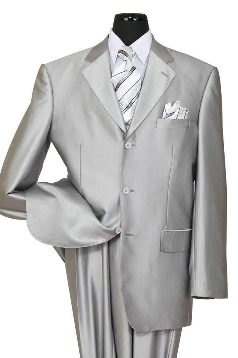 Silver Prom Suit - Platinum Color With Stage Suit MENS CLASSIC FIT 3 BUTTON SHINY SHARKSKIN SUIT IN SILVER GREY – SuitUSA