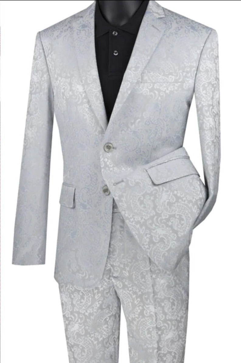 Silver Prom Suit - Platinum Color With Stage Suit MEN'S SLIM FIT SHINY PAISLEY PROM & WEDDING SUIT IN SILVER GREY