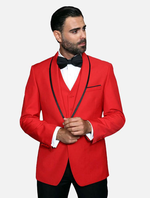 Prom Tuxedo - Wedding Suit - Groom Suit MEN'S RED VESTED WITH BLACK TRIM FINE LAPEL 100% WOOL TUXEDO by PROMTUXEDO