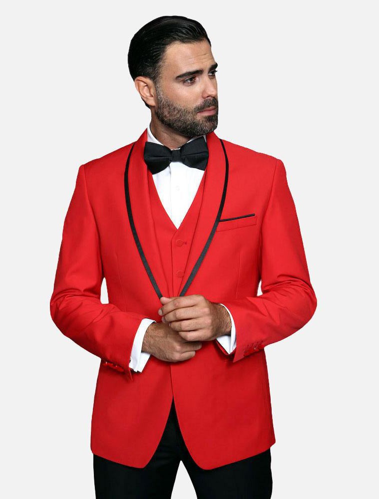 Prom Tuxedo - Wedding Suit - Groom Suit MEN'S RED VESTED WITH BLACK TRIM FINE LAPEL 100% WOOL TUXEDO by PROMTUXEDO