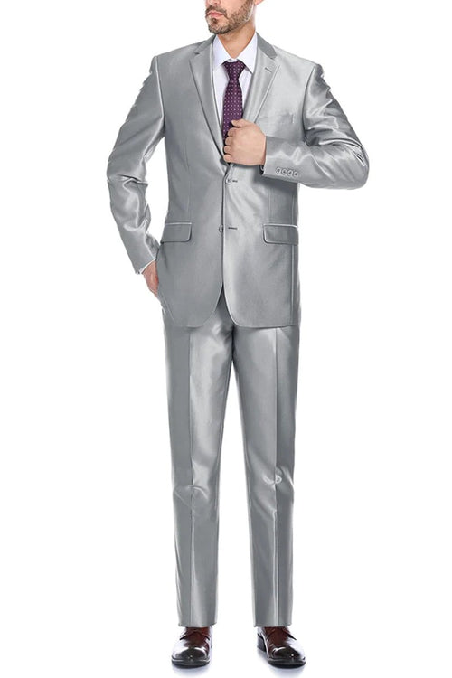 Silver Prom Suit - Platinum Color With Stage Suit MENS BASIC TWO BUTTON SLIM FIT SUIT WITH OPTIONAL VEST IN SHINY SILVER GREY SHARKSKIN