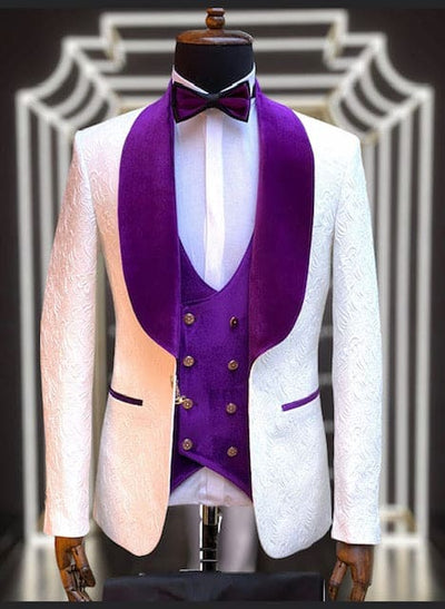Wide Shawl Lapel Tuxedo - Wedding Groom White & Purple - Vested With Bowtie