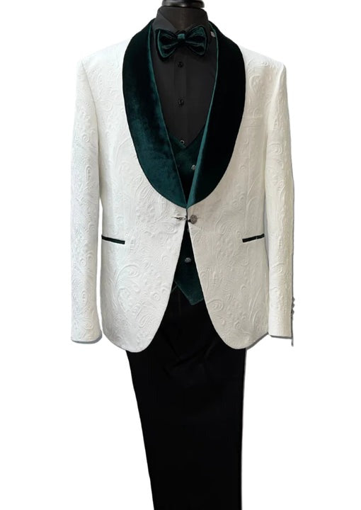 Wide Shawl Lapel Tuxedo - Wedding Groom White & Green - Vested With Bowtie