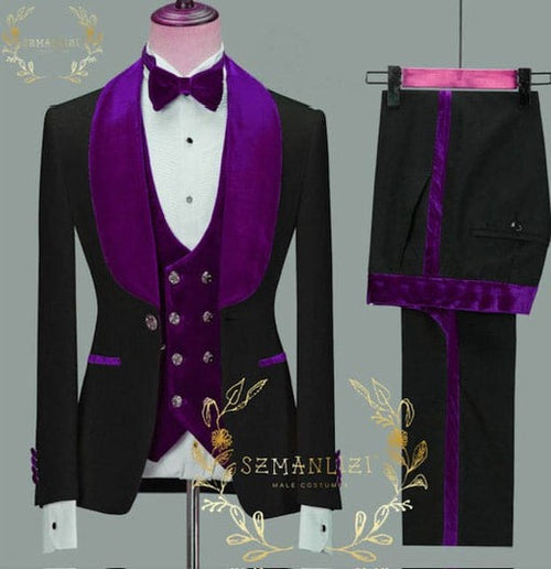 Wide Shawl Lapel Tuxedo - Wedding Groom Black & Purple - Vested With Bowtie
